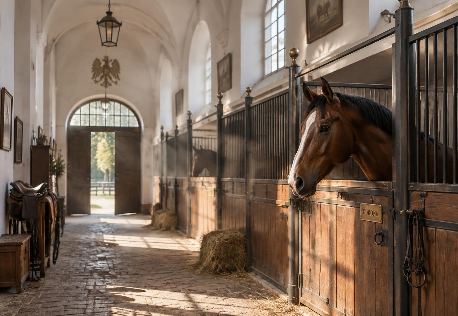 Editorial photograph of a horse and handler in a stable doorway