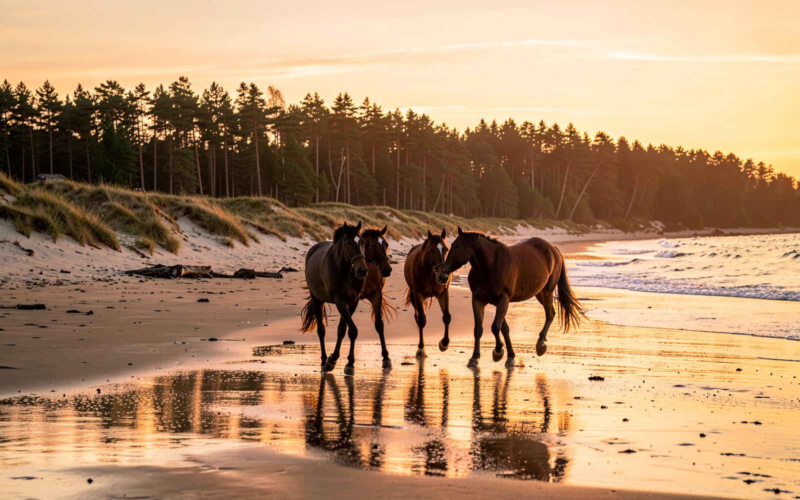 Horses walking along a Baltic beach at sunset with dunes and pine forest behind
