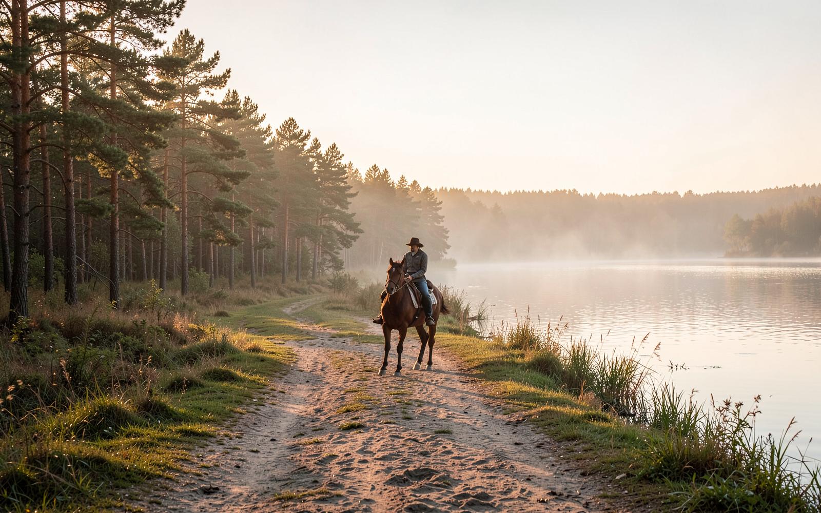 Rider on a sandy track between pine forest and a misty Wielkopolska lake at dawn