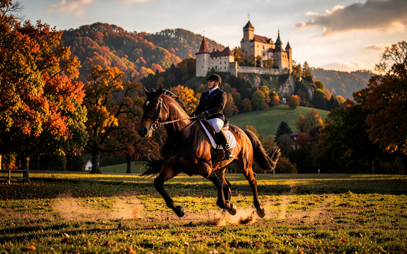 Cross-country horse galloping through a Silesian estate park below a hilltop castle