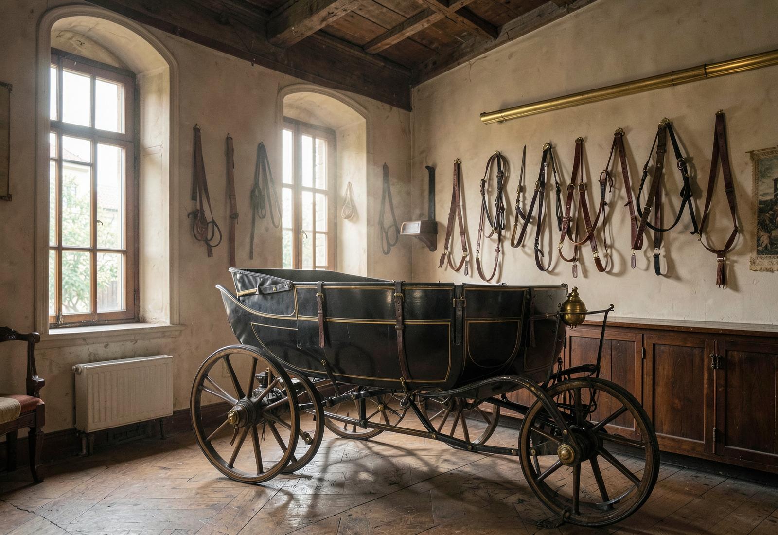 Editorial photograph of antique harnesses and a carriage in a historic carriage house