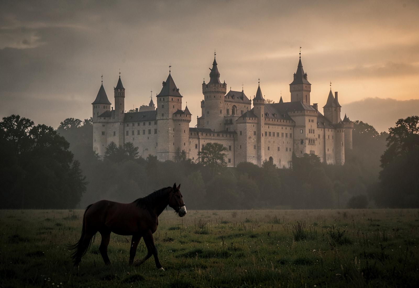 Editorial photograph of a historic residence at dusk with a horse in the foreground