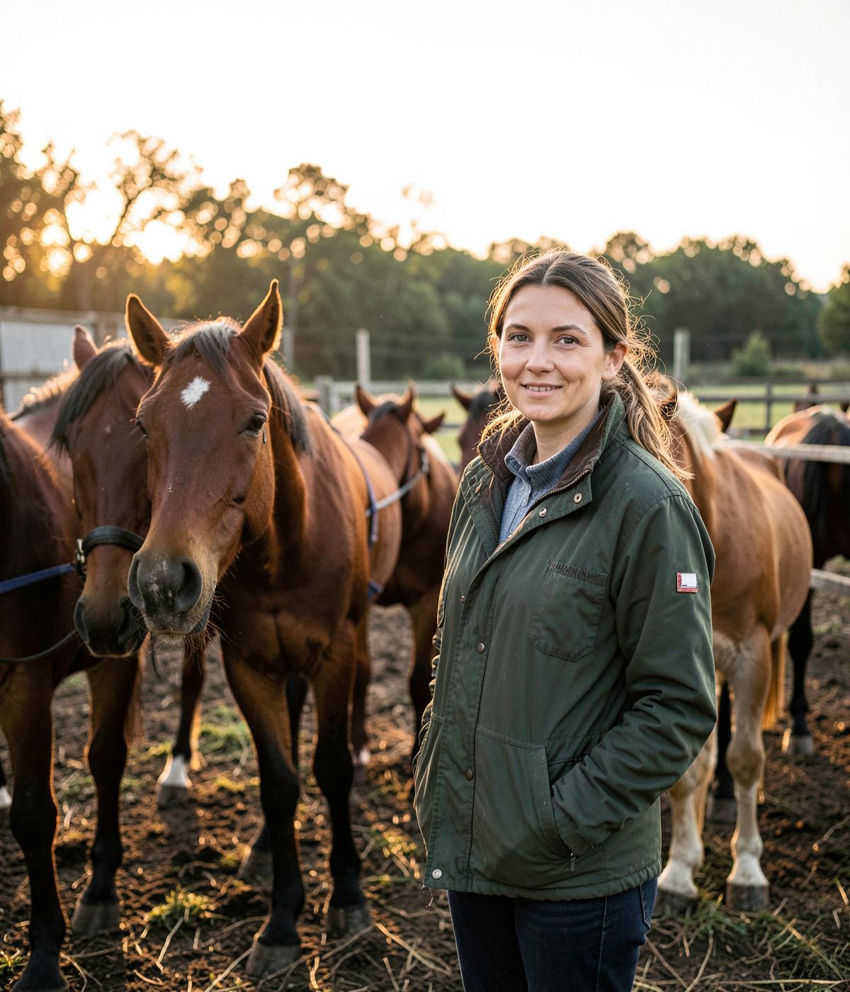 Portrait of an older Polish breeder standing with a mare in a stable doorway