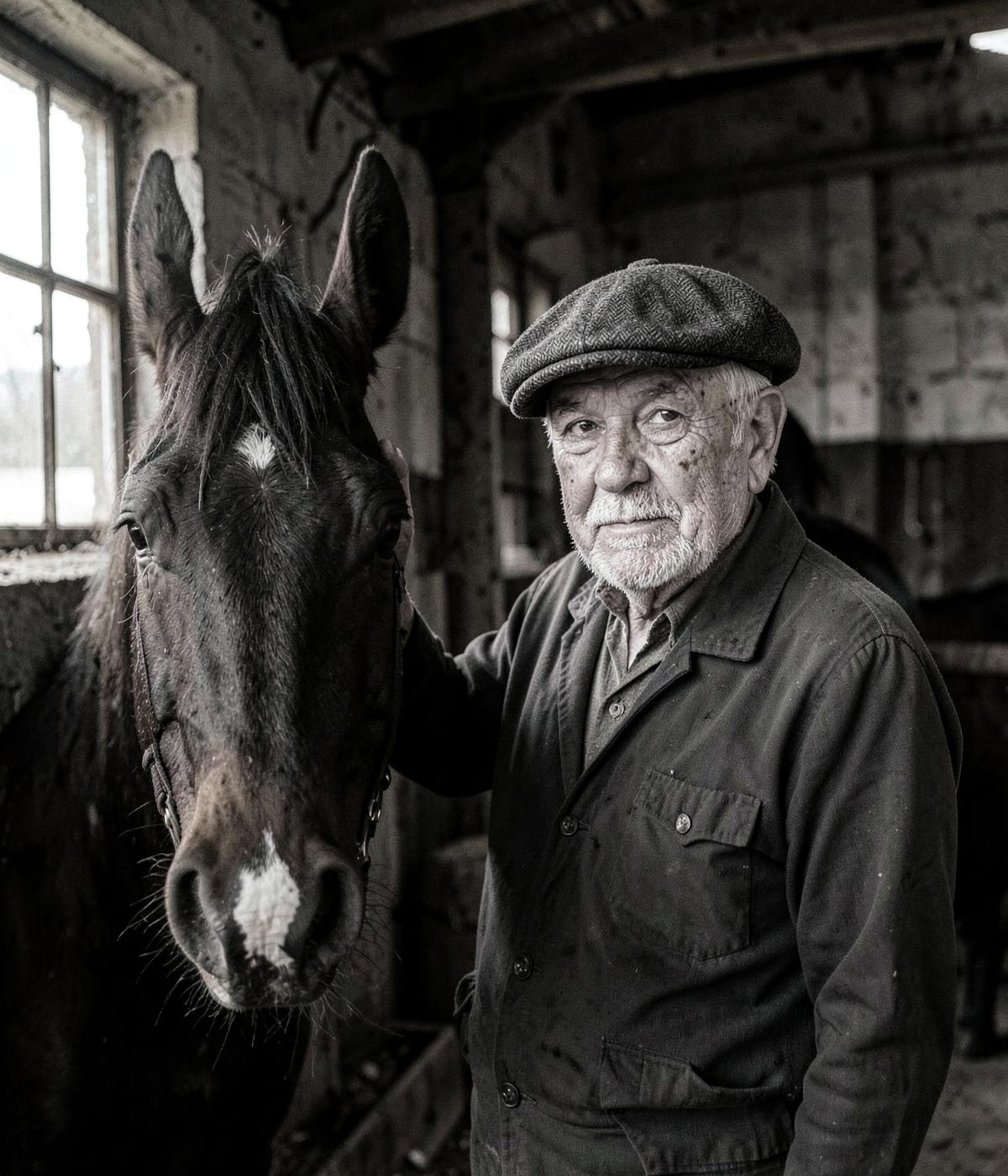 Documentary portrait of a young groom brushing a bay horse in a stable aisle
