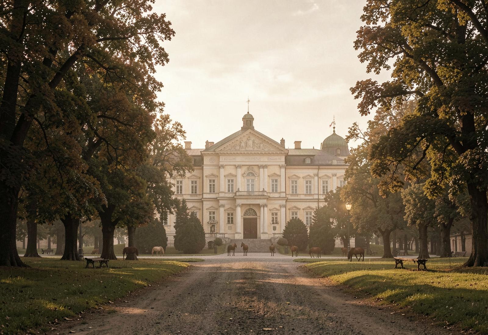 Editorial photograph of horses grazing in estate parkland