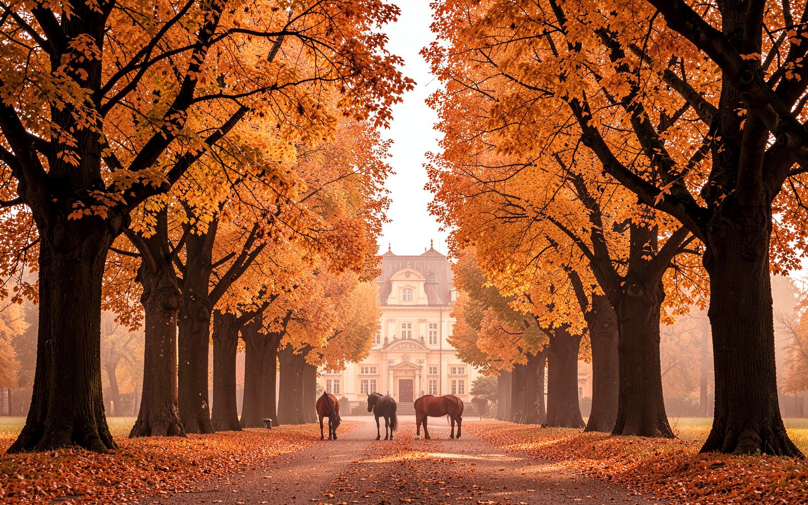 Avenue of old oaks in autumn colour leading to a Polish manor with horses grazing