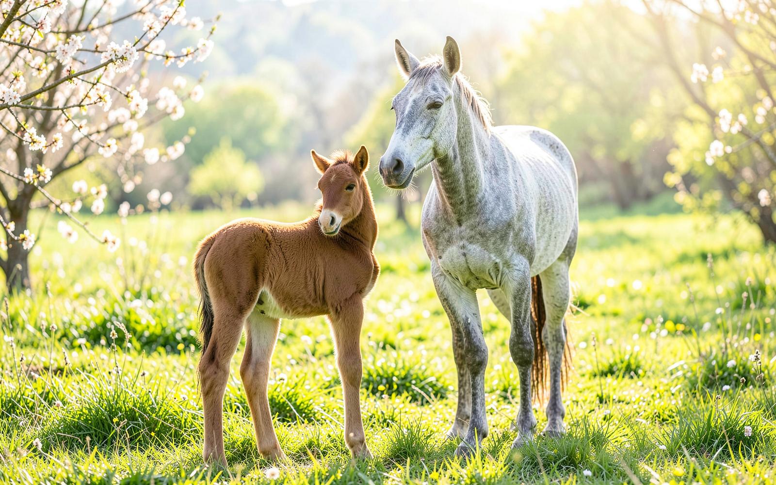 Newborn foal standing beside its mare in a green Polish pasture in spring light