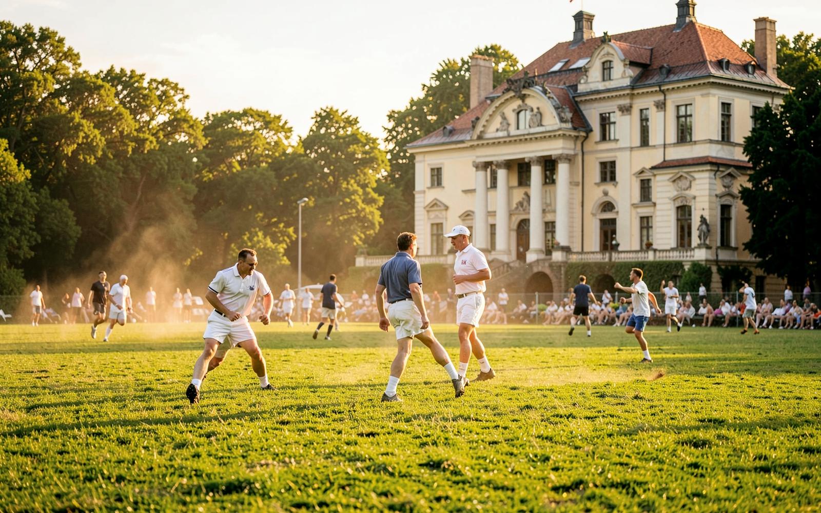 Summer polo match on a green field in front of a Polish manor house
