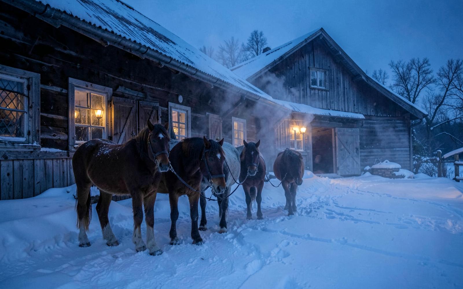 Dark horses in snow beside a frosted Polish stable at dusk