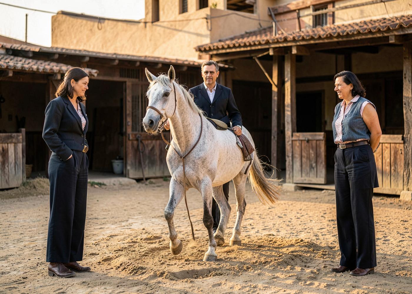 Handler presenting a grey Arabian to two visitors on a sand triangle outside a historic stable