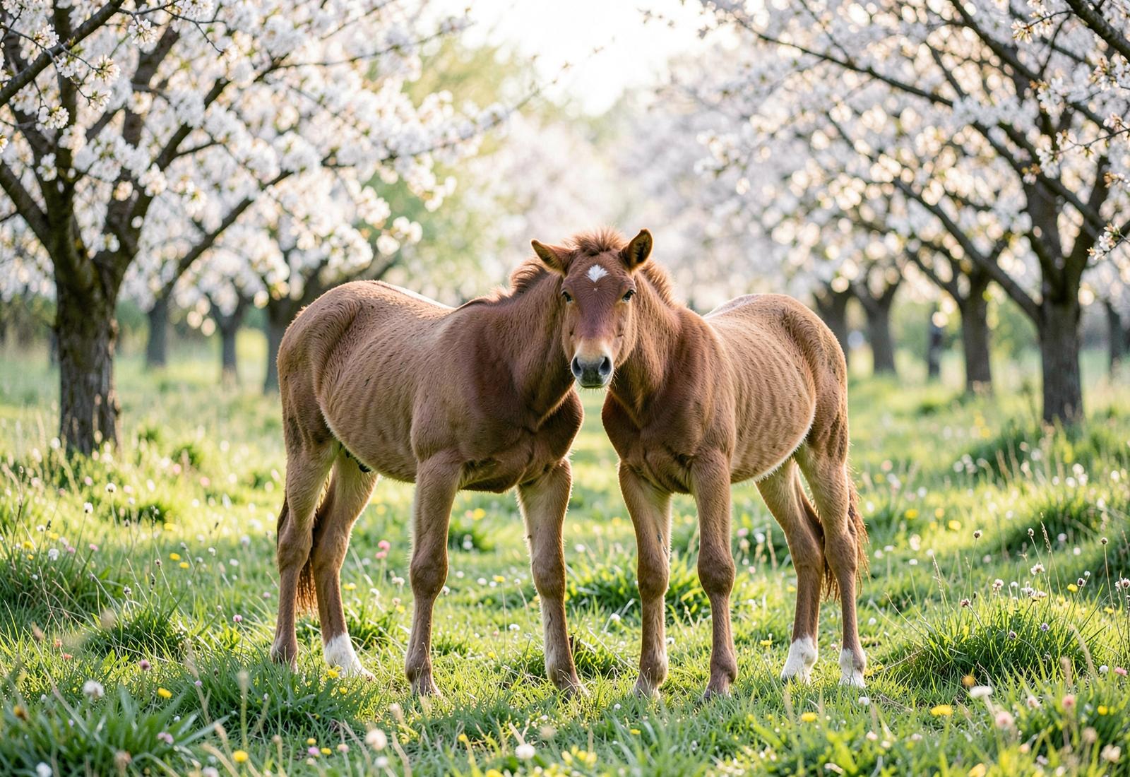 Editorial photograph of a foal in spring pasture