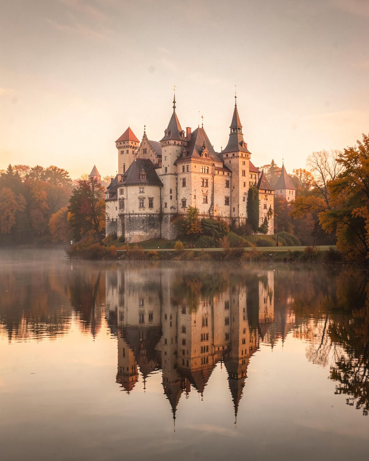 Polish castle with towers reflected in a still lake at dawn in autumn