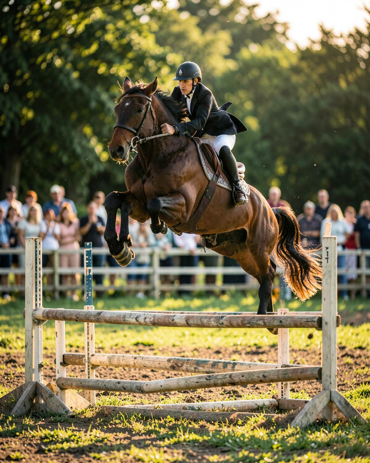 Show jumper clearing an oxer before a crowd on a summer afternoon