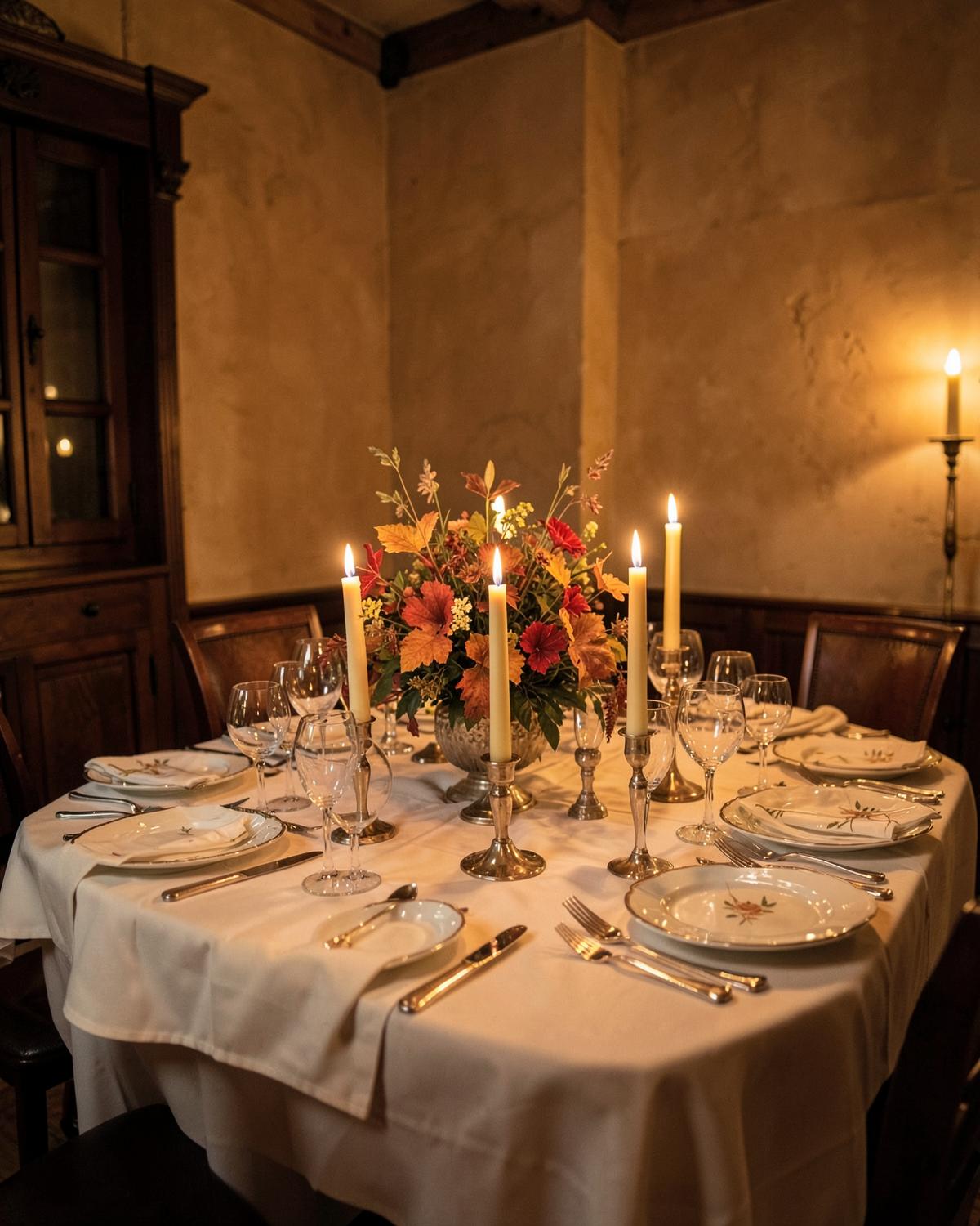 Candlelit dinner table set in a historic Polish manor dining room