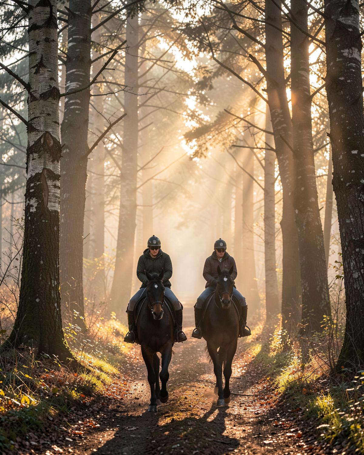 Mist over a Polish meadow with horses grazing near an old forest at dawn