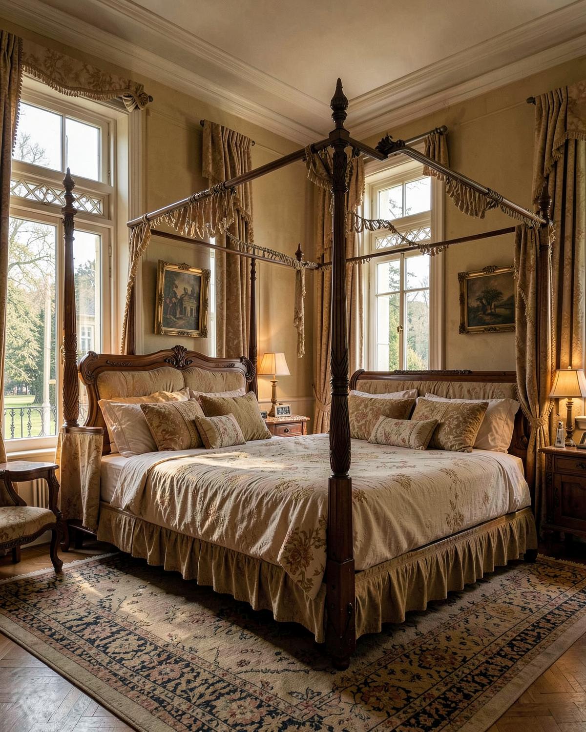 Warm bedroom in a restored Polish country house with linen bedding and garden view
